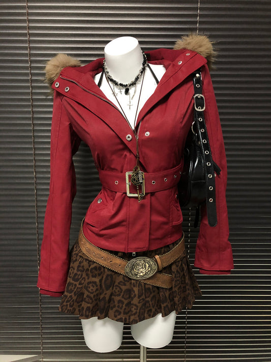 Red Vintage Hooded Parka Jacket