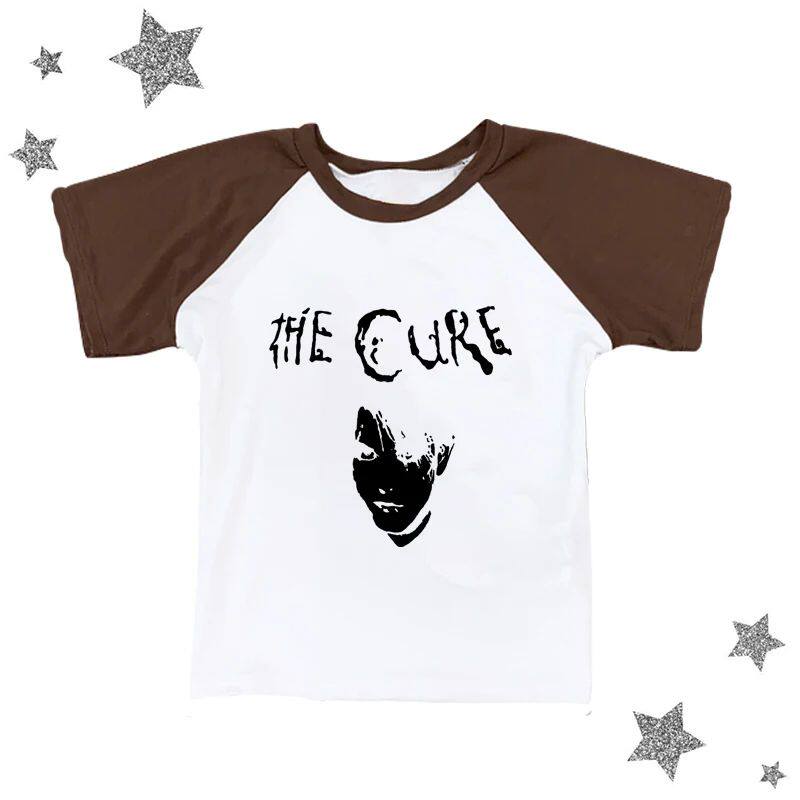 Brown and white raglan graphic tee with black The Cure logo and portrait print