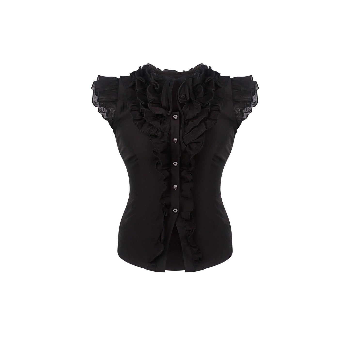 Black gothic ruffle tulle top, short sleeves, button front and layered shoulder trim