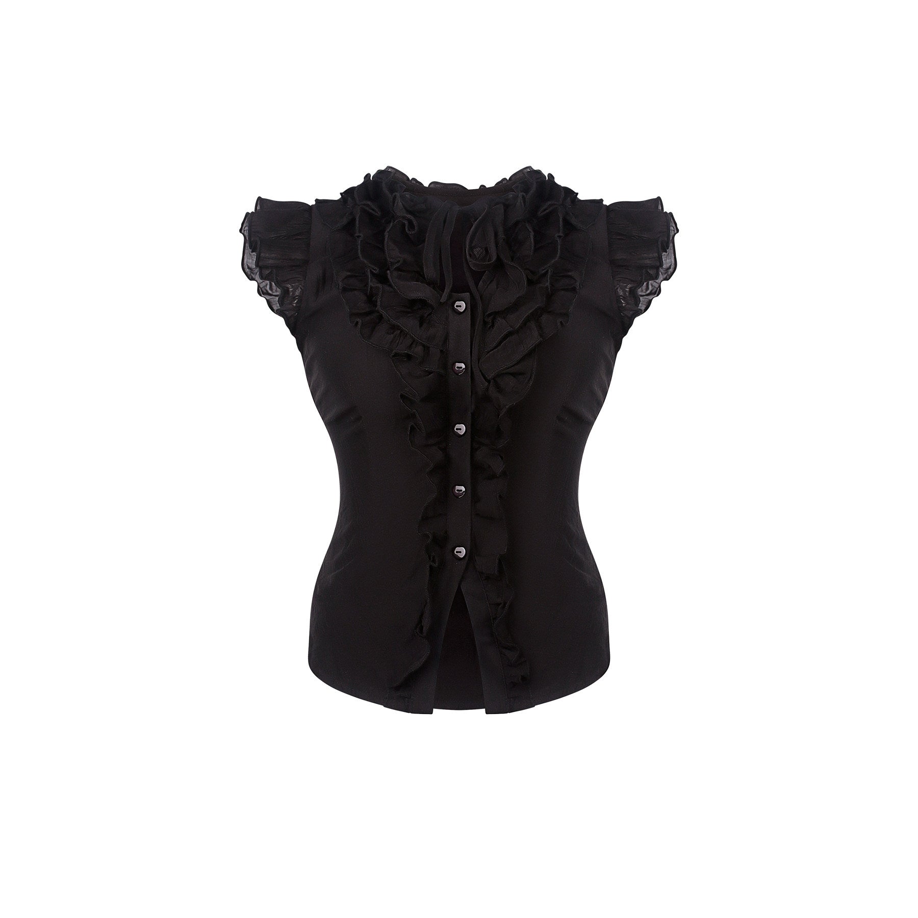 Black gothic ruffle tulle top, short sleeves, button front and layered shoulder trim