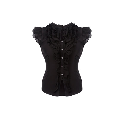 Black gothic ruffle tulle top, short sleeves, button front and layered shoulder trim