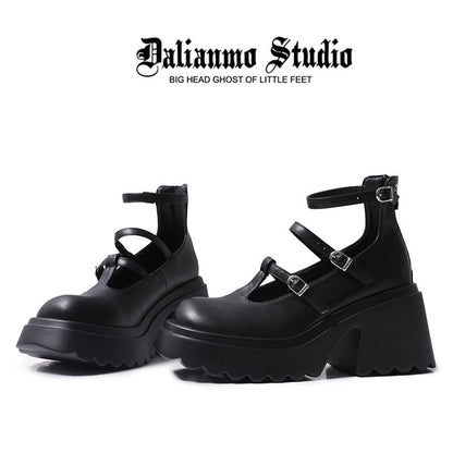 Black Mary Jane platform high heels, front angle with double buckled straps