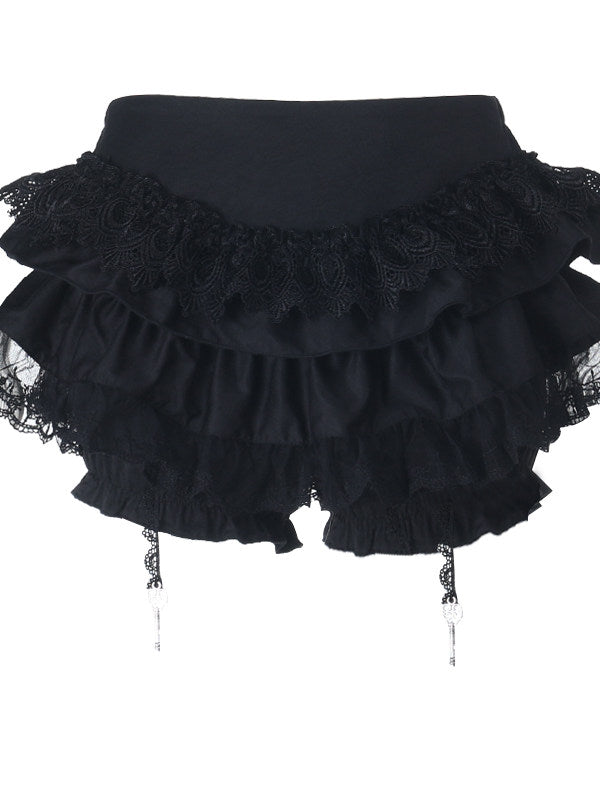 Black ruffled doll skirt with lace yoke and tiered ruffles