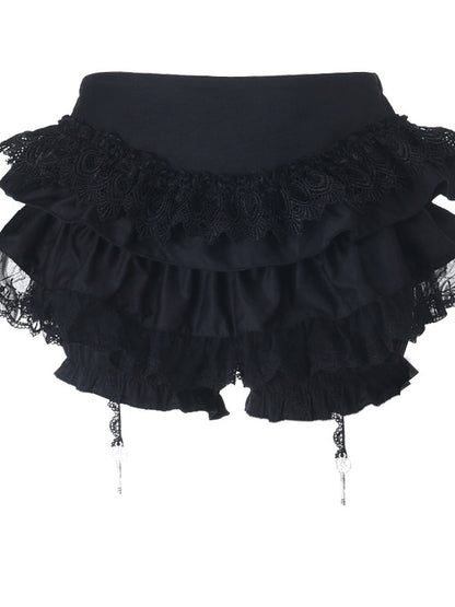 Black ruffled doll skirt with lace yoke and tiered ruffles