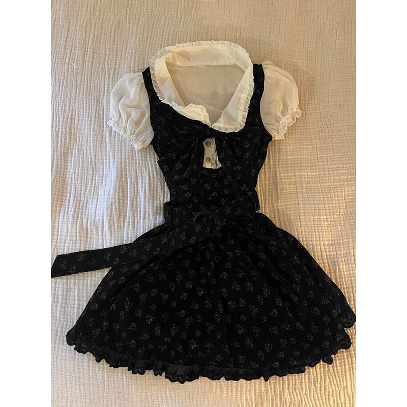 Floral doll collar shirt dress, black floral print, ruffled doll collar, bow bodice and belt