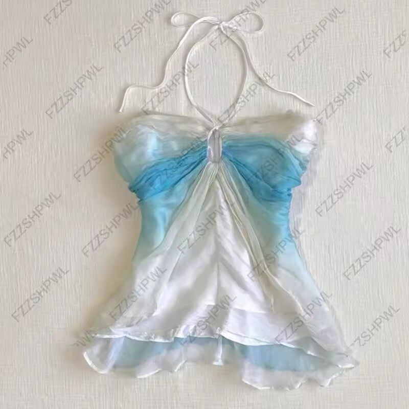 Blue and white halter babydoll dress with bow tie, ruffled skirt and adjustable straps