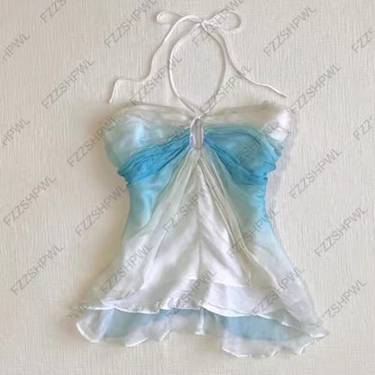 Blue and white halter babydoll dress with bow tie, ruffled skirt and adjustable straps