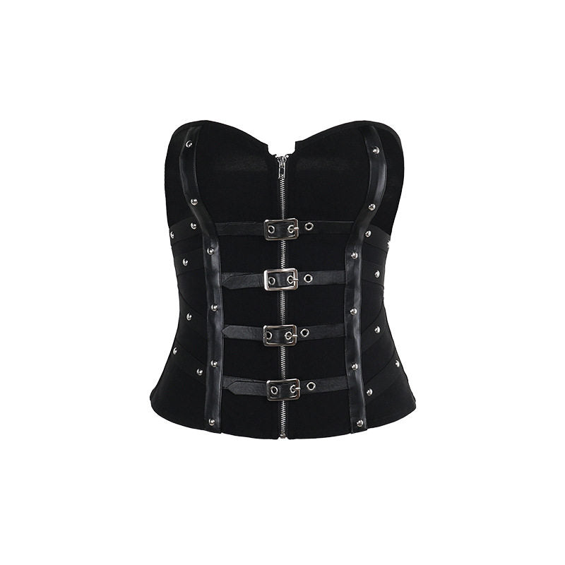 Black strapless bandeau corset top with front buckle bars and silver studs