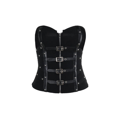 Black strapless bandeau corset top with front buckle bars and silver studs