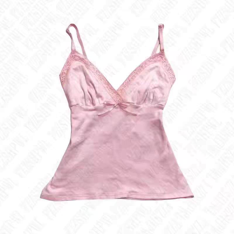 Pink camisole with lace-trim neckline and thin spaghetti straps