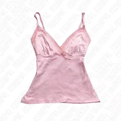 Pink camisole with lace-trim neckline and thin spaghetti straps