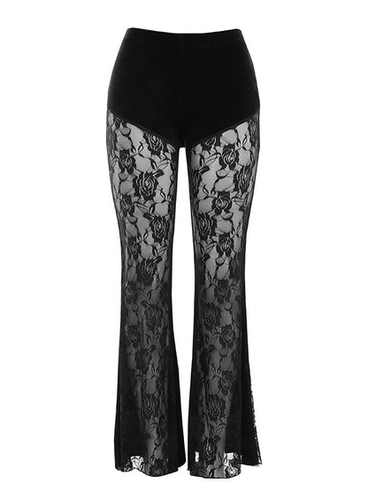 Black high-rise flare pants with rose-like lace center panels and wide bell leg