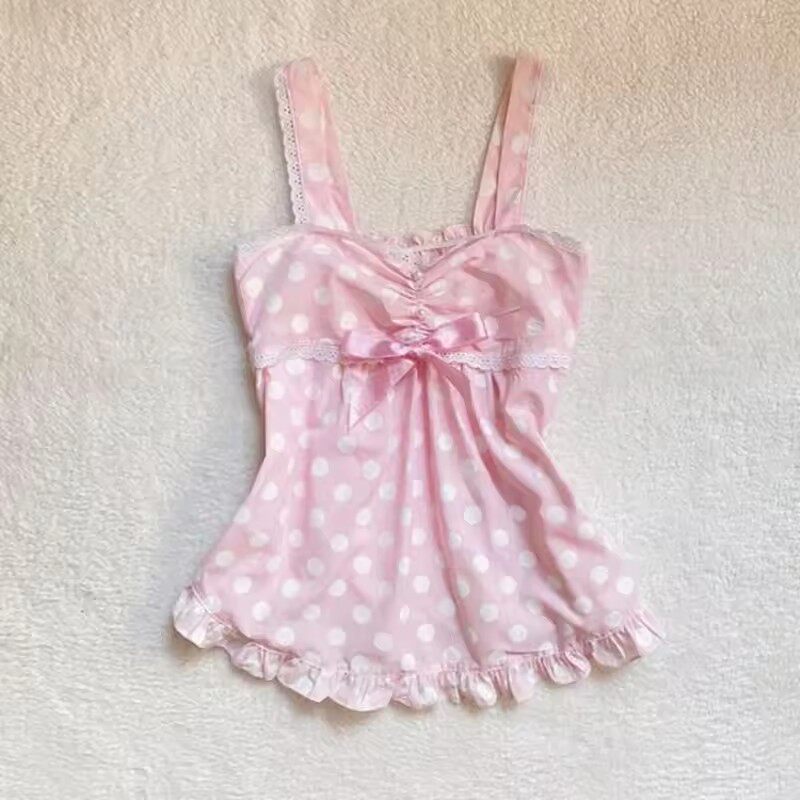 Pink polka-dot babydoll lingerie with center bow and lace trim