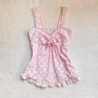 Pink polka-dot babydoll lingerie with center bow and lace trim