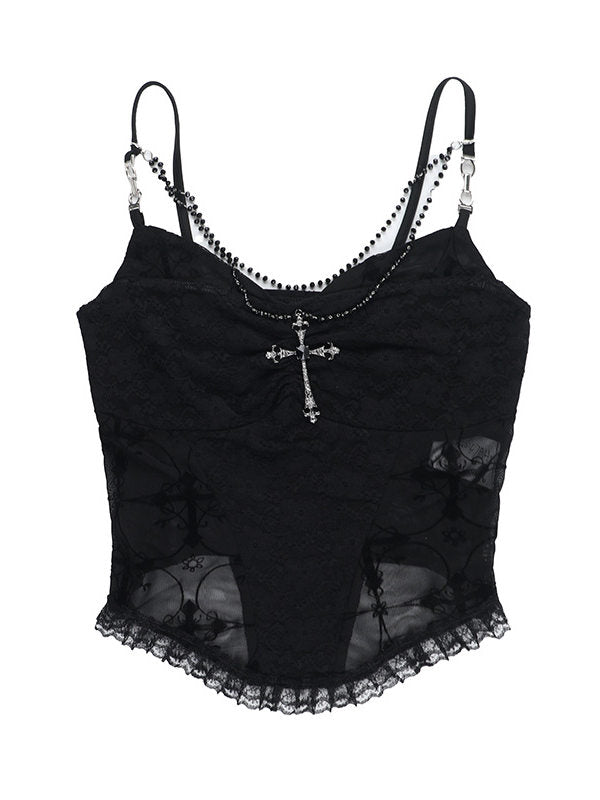 Black lace suspender vest with cross chain detail, scalloped hem, and long straps
