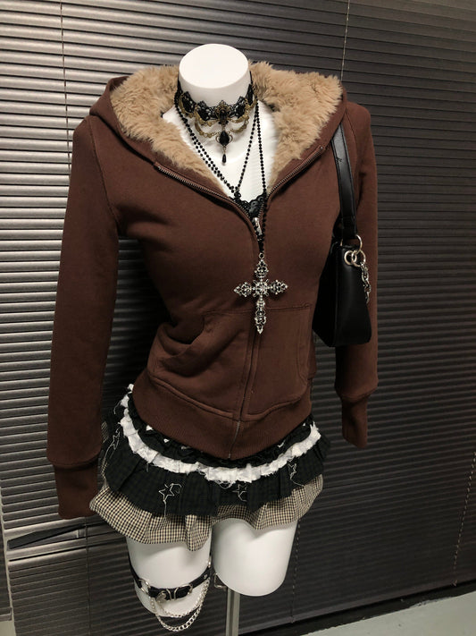 Brown Fleece Hooded Sweatshirt Jacket