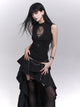 Black sleeveless top with embellished V cutout and chain tassel detail
