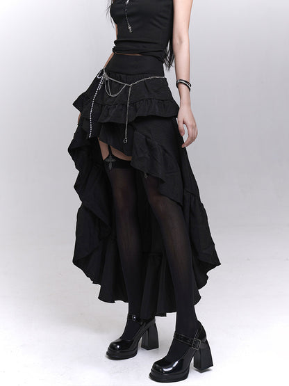 Black layered mini skirt with asymmetric ruffle tiers and draped mesh underlayer