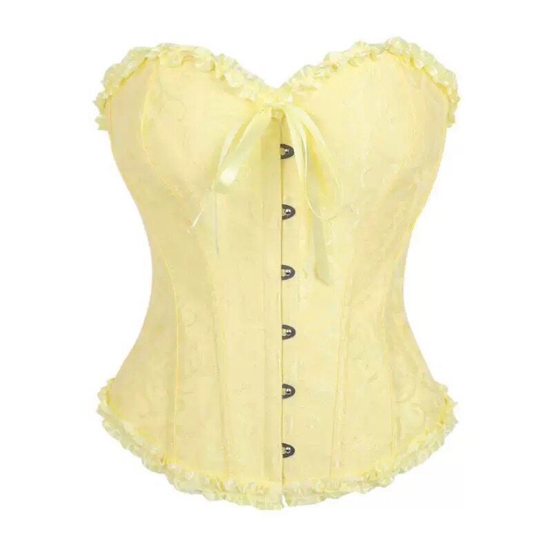 Pale yellow brocade corset with sweetheart neckline, front buttons, ruffled trim.