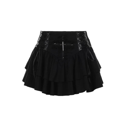 Black gothic punk mini skirt with tiered ruffle hem and grommeted front belt panel