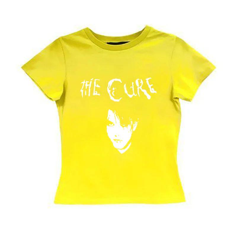 Yellow graphic tee with white The Cure logo and portrait print