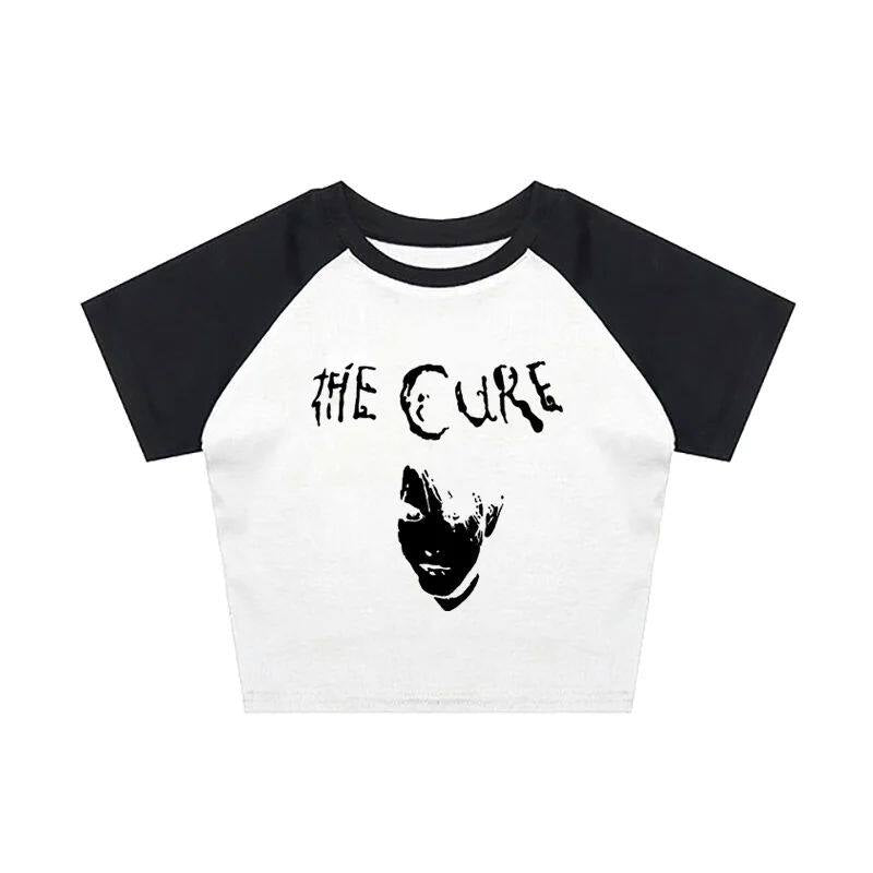 Black-and-white raglan graphic T-shirt with band text and face portrait print