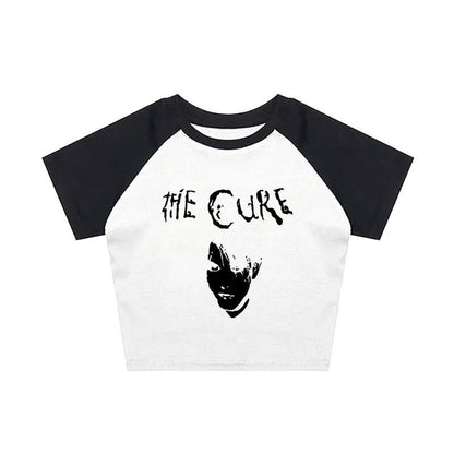 Black-and-white raglan graphic T-shirt with band text and face portrait print