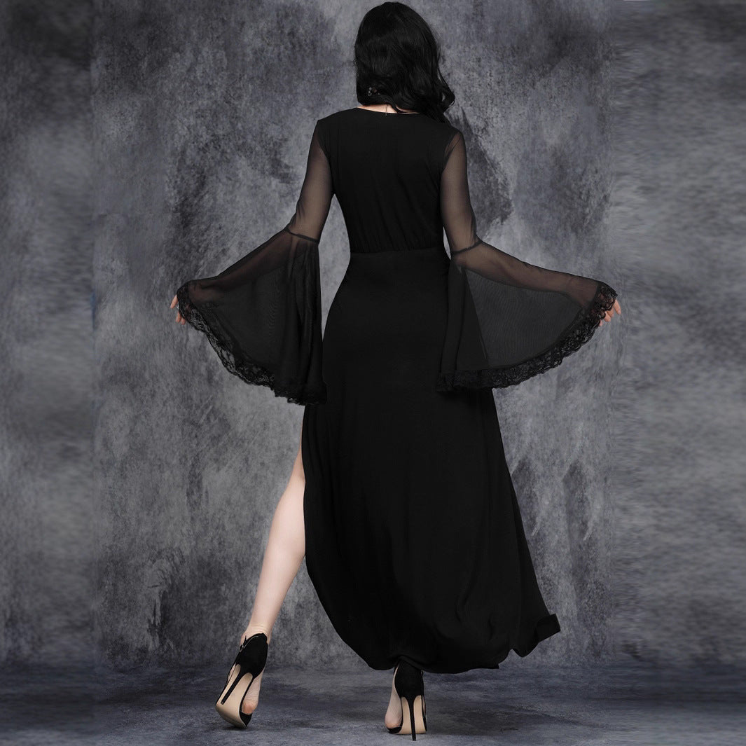 Black maxi dress back view with sheer lace sleeves and split hem