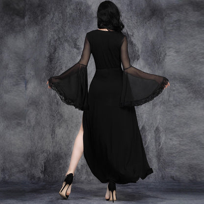 Black maxi dress back view with sheer lace sleeves and split hem