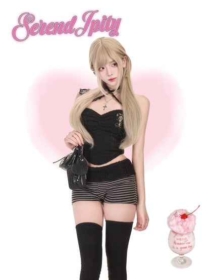 Black plush strapless corset top with striped shorts and thigh-highs set