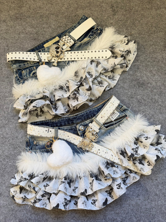 Y2K White Butterfly Denim Skirt