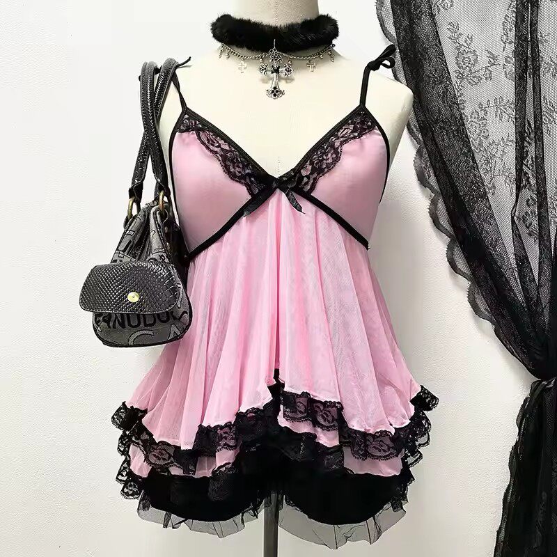 Pink sheer babydoll lingerie dress with black lace trim and layered ruffle hem