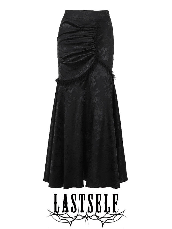 Black jacquard midi skirt with ruched drape front and gathered waist