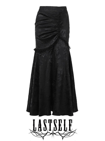 Black jacquard midi skirt with ruched drape front and gathered waist