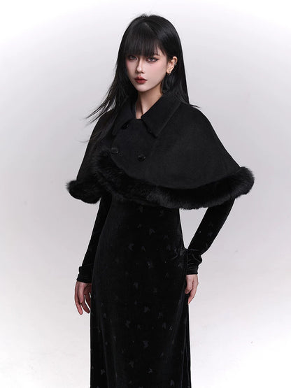 Woolen cape shawl jacket, dark shawl collar with double buttons and faux fur trim