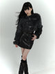 Black faux fox fur cropped jacket with button belt hardware