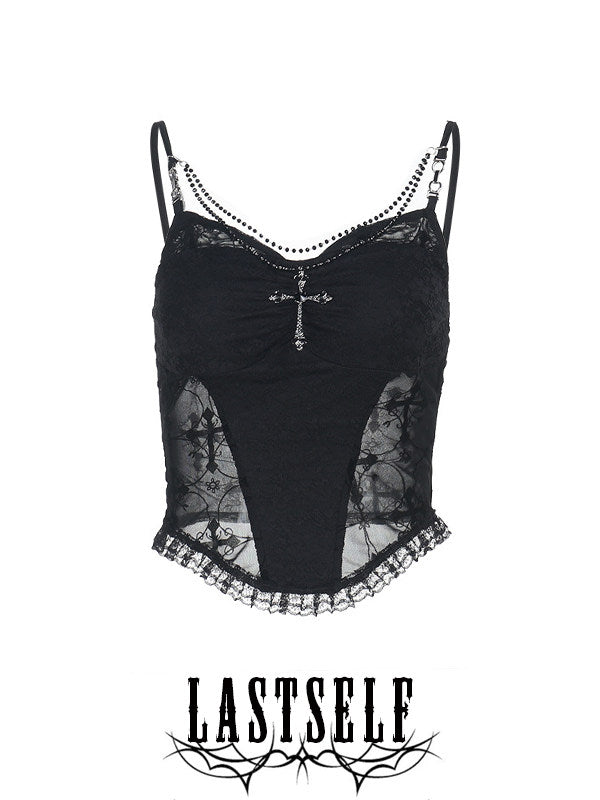 Black sheer lace suspender vest with cross pendant at center front and adjustable straps