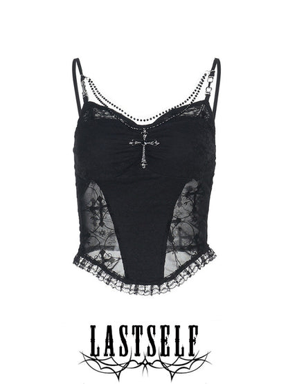 Black sheer lace suspender vest with cross pendant at center front and adjustable straps