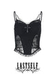 Black sheer lace suspender vest with cross pendant at center front and adjustable straps