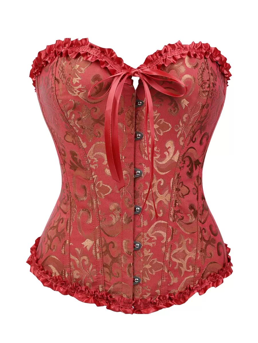 Red brocade corset with ruffled neckline, ribbon ties, and front button placket