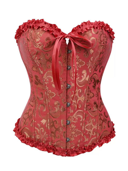 Red brocade corset with ruffled neckline, ribbon ties, and front button placket