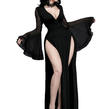 Black V-neck maxi dress with corset-style lace-up bodice and sheer flared sleeves