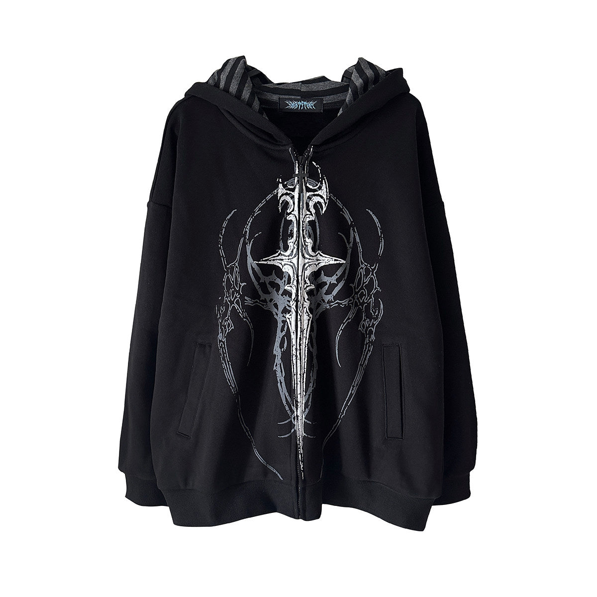 Black hooded loose zip jacket with white cross front print and striped hood lining