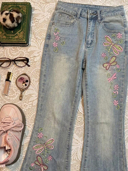 Blue Embroidered Slimming Slightly Flared Jeans