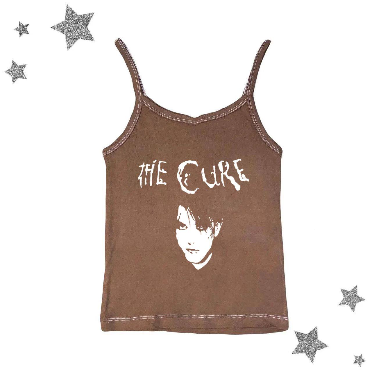 Brown sleeveless graphic cami with white The Cure logo and portrait print