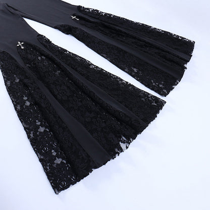 Black lace hem flares detail with floral pattern and small cross-like accents
