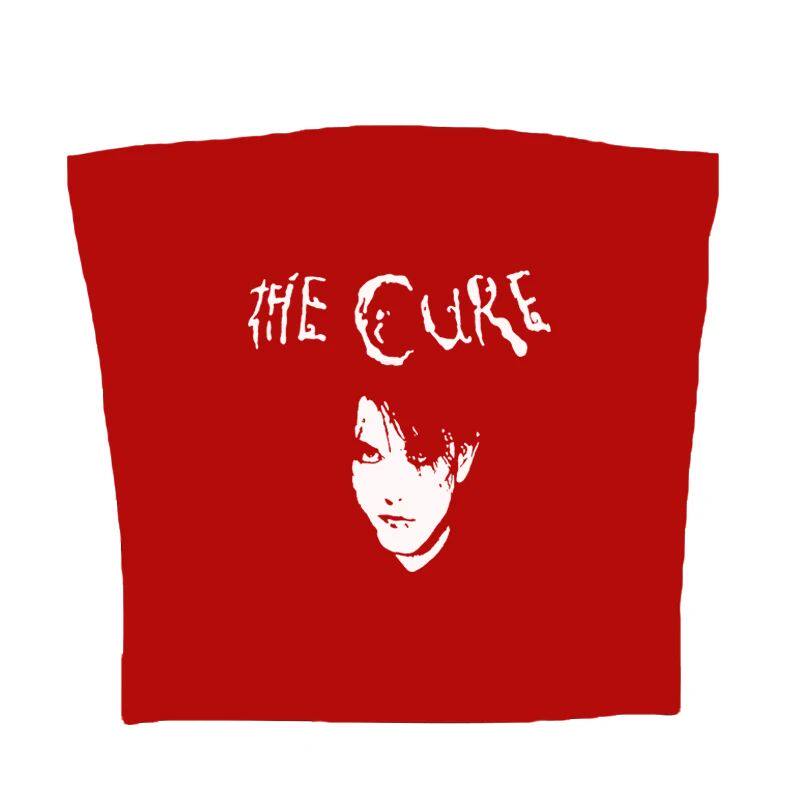 Red sleeveless graphic cami, back view with The Cure logo and face print