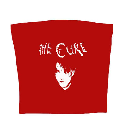 Red sleeveless graphic cami, back view with The Cure logo and face print