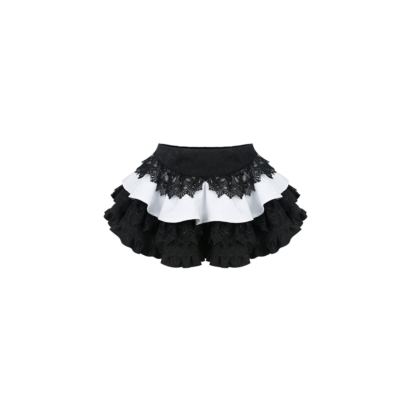Black-and-white layered cake skirt with black lace ruffle hem and white underlayer