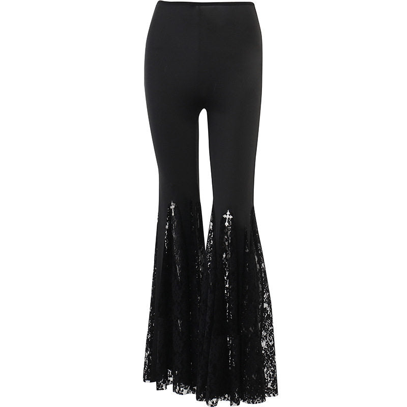 High-rise black pants with straight fit and lace bell-hem at the bottom
